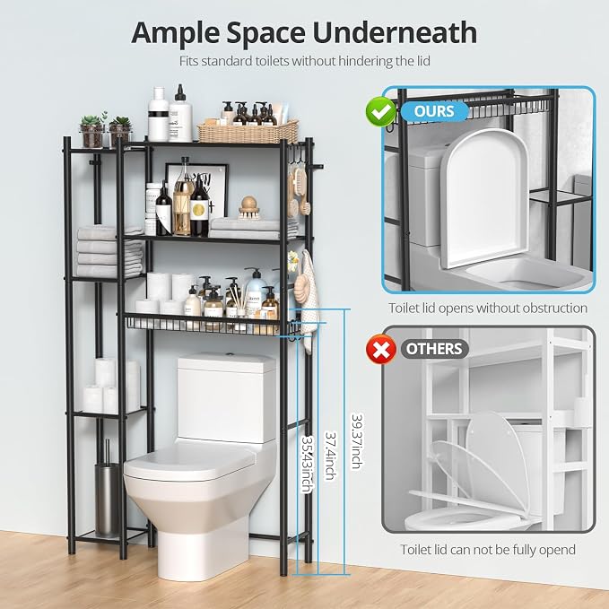 Hodonas Over The Toilet Storage Shelf - Bathroom Organizer Rack with 7-Tier Shelves, Adjustable Metal Shelf Above Toilet for Storage, Freestanding Bathroom Space Saver, Black - Image 4