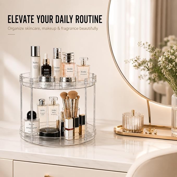 360° Rotating Bathroom Counter Organizer, 2 Tier Clear Makeup Organizer Vanity Storage for Skincare Perfume Cosmetics, Lazy Susan Spinning Storage for Bathroom Vanity Kitchen - Image 7