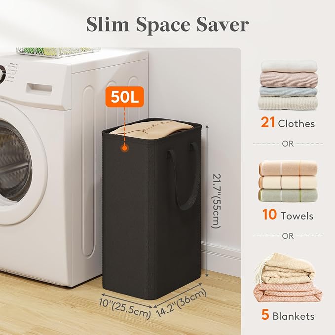 Lifewit Slim Collapsible Laundry Basket with Handles, 50L, Black - Image 2