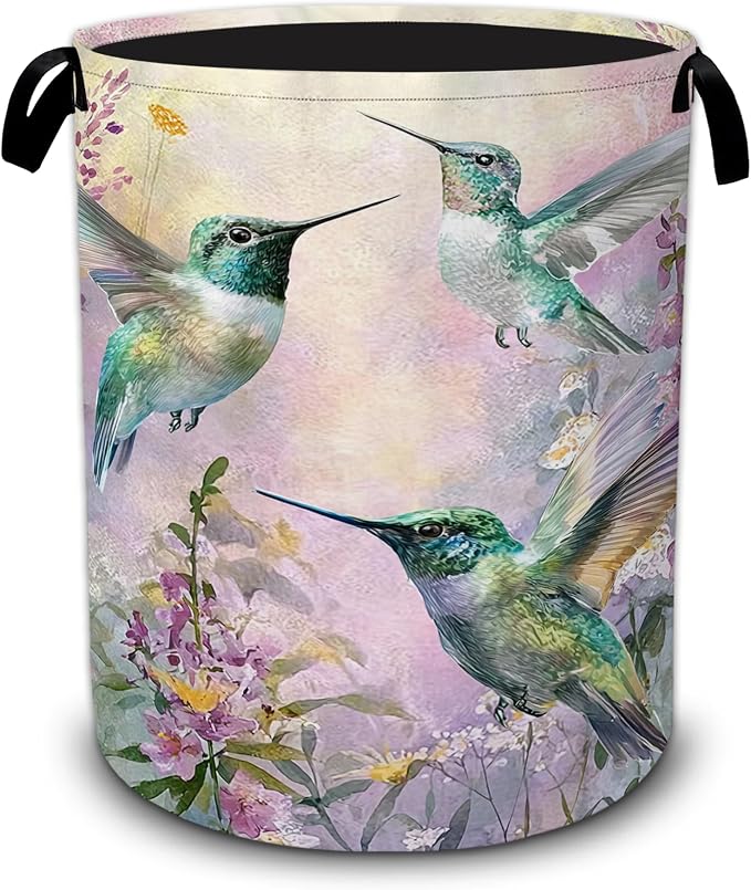 Hummingbird Laundry Basket with Handles,Purple Flower Foldable Oxford Laundry Hamper,Collapsible Clothes Storage Basket for Laundry Room/Bathroom/Bedroom/Dormitories 20.8 x 16 Inches by UIUPRO