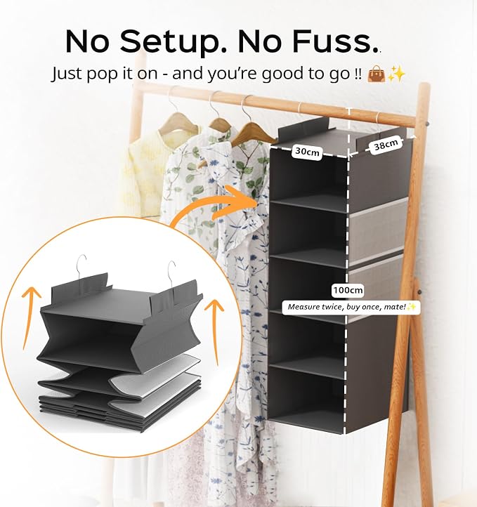 Deep Hanging Closet Organizers and Storage, Closet Hanging Storage Shelves with 5 Shelves and 4 Mesh Pockets, Heavy-Duty Closet Organizer for Clothes, Hats, and RVs and Dorm Essential,1-Pack, Grey - Image 4
