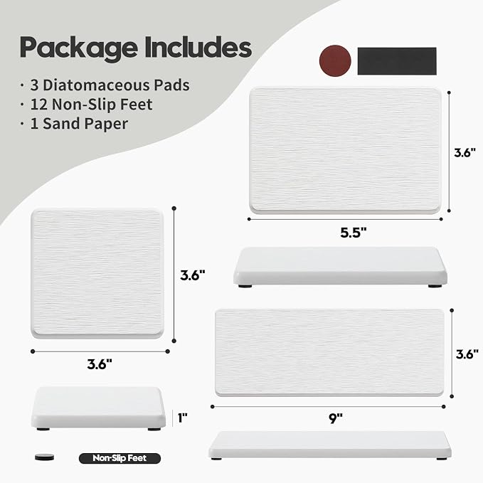 Razborci 3PCS Bathroom Sink Vanity Trays, Quick Stone Drying Mat Dish Soap Dispenser Sponge Holder for Kitchen Counter, Diatomaceous Earth Water Absorbing Caddy Organizer, White - Image 3