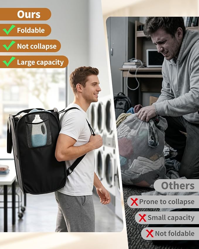House Again 2 Pack 76L Laundry Backpack, 210D Oxford Heavy Duty Laundry Bag Backpack with Adjustable Shoulder Straps, Foldable Laundry Bag for College Dorm and Travel, Black - Image 5