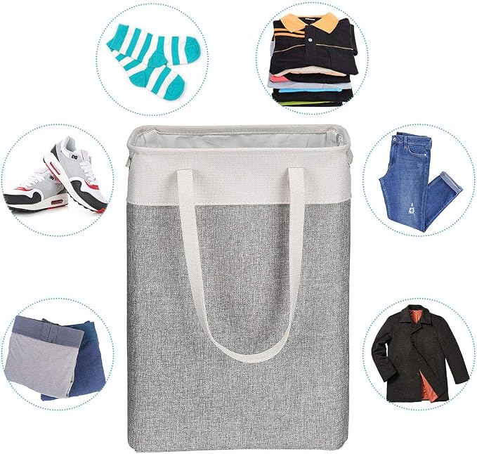 Laundry Basket with Handles Beige&Grey-Slim Laundry Bin Collapsible Dirty Clothes Basket Narrow Laundry Bag Foldable Dirty Hamper for Camping, Dorms, Apartments - Image 3