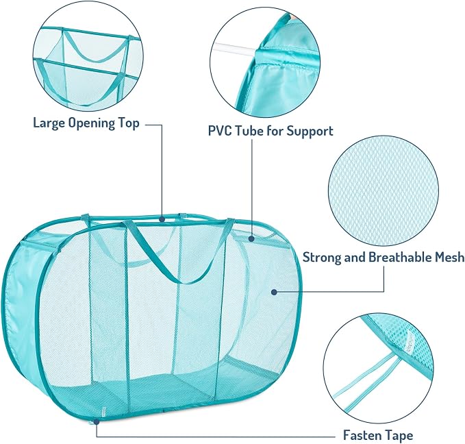 Seiritex Mesh Popup Laundry Hamper 3 Compartment Sortable Horizontal Collapsible Laundry Basket for Clothes Laundry Room Bedroom Toys Travel (Turquoise Blue) - Image 4