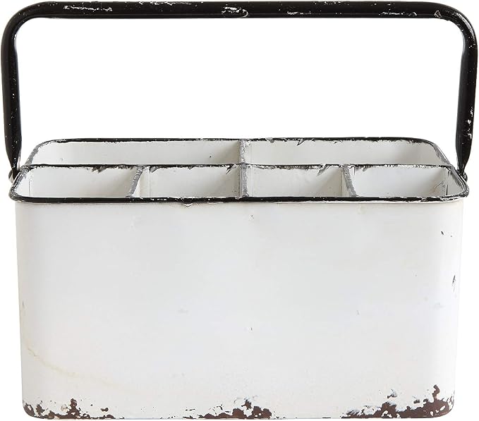 Creative Co-Op Metal Caddy with 6 Compartments, Handle, and Distressed Enamel Finish, White and Black - Image 5