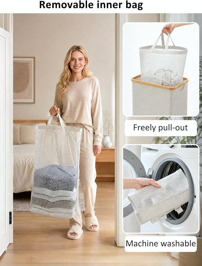 IEGrow Laundry Hamper with Lid,110L Laundry Basket with Mesh Bag,Light Grey - Image 5