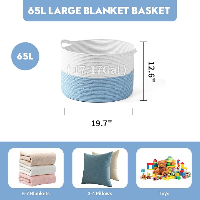 Foldable Laundry Hamper Basket with Collapsible Handle Cotton Rope Soft Woven Fabric Storage Organizer Clothes Toys Nursery Bedroom Dorm Space Saving Bin (White & Blue, 65L(19.7"D x 12.6"H)) - Image 5
