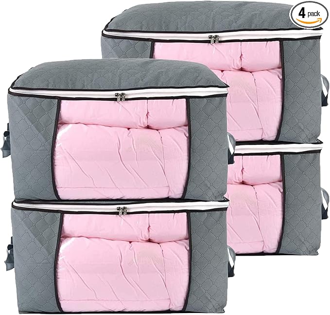 combocube Comforter Storage Bag, Zippered Bag with Large Clear Window and Carry Handles, Space Saver Organizers for Closet, Blanket, Pillow, Quilt, Bedding, Clothes (4Pcs Grey Large) by combocube
