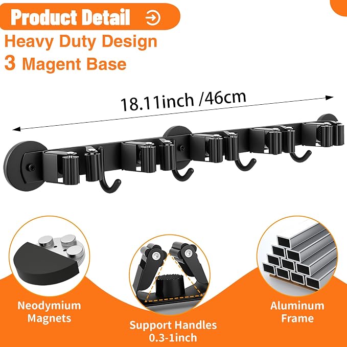 Magnetic Broom Holder Wall Mount with 4 Hooks and 5 Rack- Heavy Duty Non-Slip Mop Hanger for Wet Mops&Cleaning Tools on Refrigerator,Metal Door,Garage,Kitchen,Laundry Room - Image 2