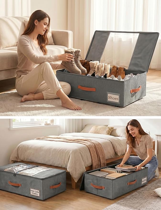 TOSKING 2-Pack Under Bed Storage Drawers with Wheels, 6 Vacuum Bags, 7.9" Height, Large 65L/80 lbs Clear Lid Rolling Bin, 900D Oxford, Space Saver for Dorm Bedroom, Blankets, Clothes, Shoes, Gray - Image 3