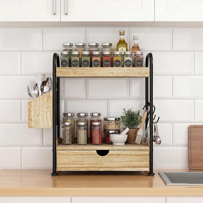 2-Tier Bathroom Counter Organizer with Drawer, Wooden Vanity Skincare Shelf - Image 7
