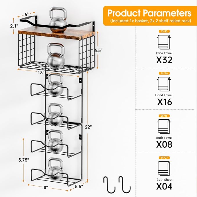Towel Racks for Bathroom,Towel Rack Wall Mounted, 6 Tier Rolled Or Folded Towel Holder with Floating Shelves, Bathroom Towel Holder for Bath, Hand Towels,Metal and Wood - Image 7