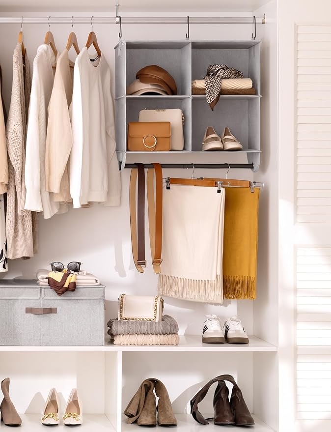 StorageWorks Hanging Closet Organizer with Rod, 4 Sections, 2 Tiers | Maximize Closet Space with 4 Open Sections and Built-in Rod for Hanging Clothes Below, Grey and White - Image 2