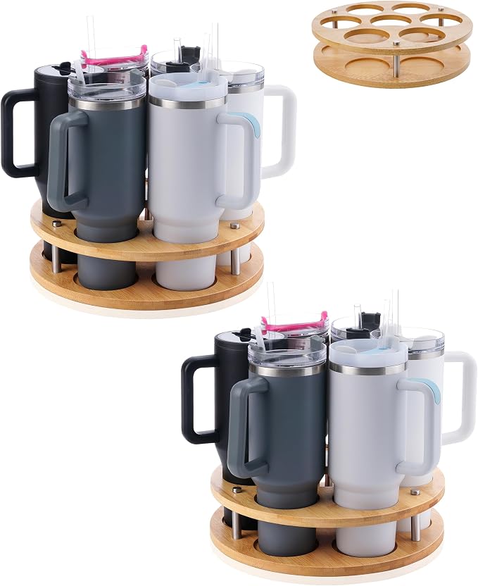 2Pack Rotating Wood Tumbler Organizer, 30 oz 40 oz Spinning Turnable Tumblers Holder, 360° Rotatable 7 Large Cups Bottle Tumbler Storage Display Stand, Rotate Syrup Organizer for Cabinet Countertop by FAITIO