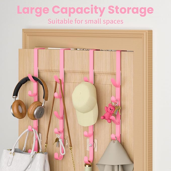 Kaiferty Over the Door Hooks, Metal Door Hooks for Hanging, Over the Door Purse Organizer for Coat Hanger, Back of Shower Door for Hanging Towel Rack Clothes, Hat, Bathroom, Closet (Pink-4Packs) - Image 3