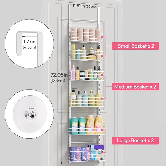SWTYMIKI Over The Door Organizer - Door Organizer Hanging with 6 Adjustable Metal Large Capacity Basket, Wall Mounted Shelf for Bedroom Closet Bathroom Laundry Pantry Cabinet Kitchen(White) - Image 2