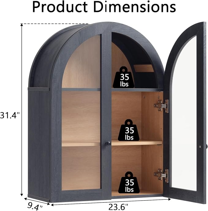 Bathroom Arched Wall Cabinet Over The Toilet Storage Cabinet, 23.5×31.4 Inch bathroom cabinet wall mount with Glass Doors & Adjustable Shelves, Wood Cabinet for Laundry Room, Kitchen,Dark Grey/Natural - Image 2