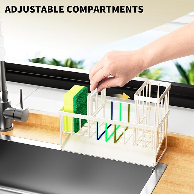 Cisily Off White Sponge Holder for Kitchen Sink, Sink Caddy Organizer with High Brush Holder, Kitchen Countertop Rustproof 304 Stainless Steel, Soap Dispenser Kitchen Organizers and Storage Essentials - Image 5