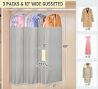 MISSLO 10" Gusseted Garment Bags for Hanging Clothes Storage 60" Dress Bags for Gowns Long Breathable Dress Cover for Closet Storage Coat Protector, 3 Packs, Grey - Image 2