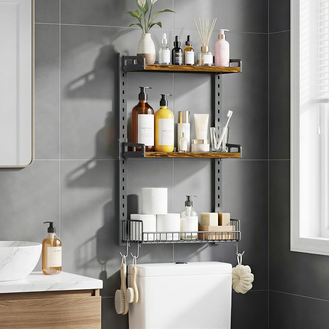 Kalrin 3 Tier Bathroom Shelves Over Toilet - Wall Mounted Floating Shelves with Drain Basket, Toilet Paper Storage, Height Adjustable Over The Toilet Storage, Vintage Brown by Kalrin