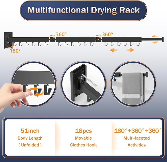 ZdwCyl Clothes Drying Rack Wall Mounted,Laundry Rack Wall Wount,Drying Rack Clothing for Laundry,Retractable Dryer Racks,Wall Mounted Drying Rack Collapsible, Black, Sandy Coating,3z-b01 - Image 5