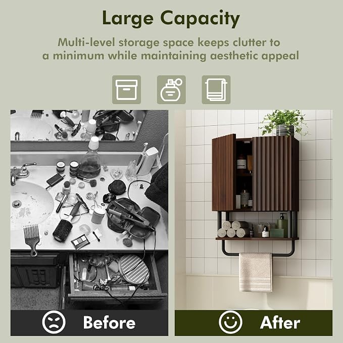 RUSTOWN Fluted Bathroom Wall Cabinet with 2 Doors, 3-Tier Medicine Cabinet - Image 9