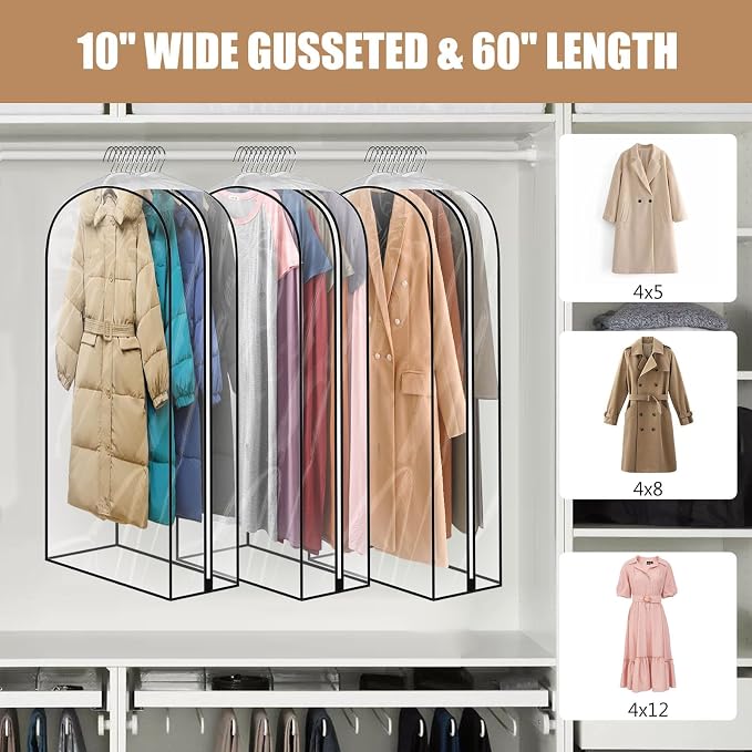 3 Pack 60" All Clear Garment Bags for Hanging Clothes Storage, 10" Gusseted Large Capacity Garment Rack Cover, Large Hanging Clothing Bag for Dress Gowns, Coats, Suit, Down Jacket - Image 2