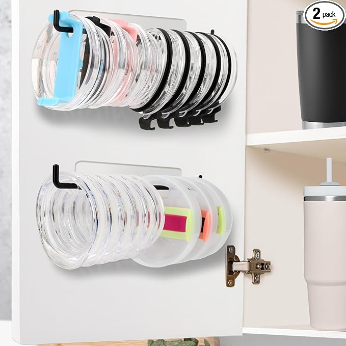 2 Pack Tumbler Lid Organizer, Over Cabinet Door Cup Lid Organizer, Self-Adhesive Tumbler Lid Hook, Tumbler Lid Holder for Kitchen Organizers and Storage by KEEPEE