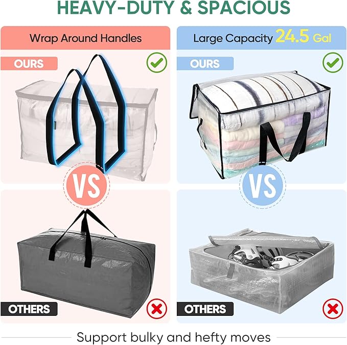 BALEINE 12-Pack Oversized Moving Bags with Reinforced Handles, Heavy-Duty Storage Tote for Clothes, Moving Supplies (Clear, 12-Pack) - Image 4