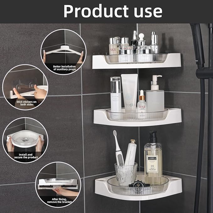 akinbas Corner Shower 3 Tier Caddy Lazy Susan Organizer 360 Rotating Corner Shelf Wall Mounted with No Drilling Shelves for Bathroom Dorm and Kitchen (White) - Image 2