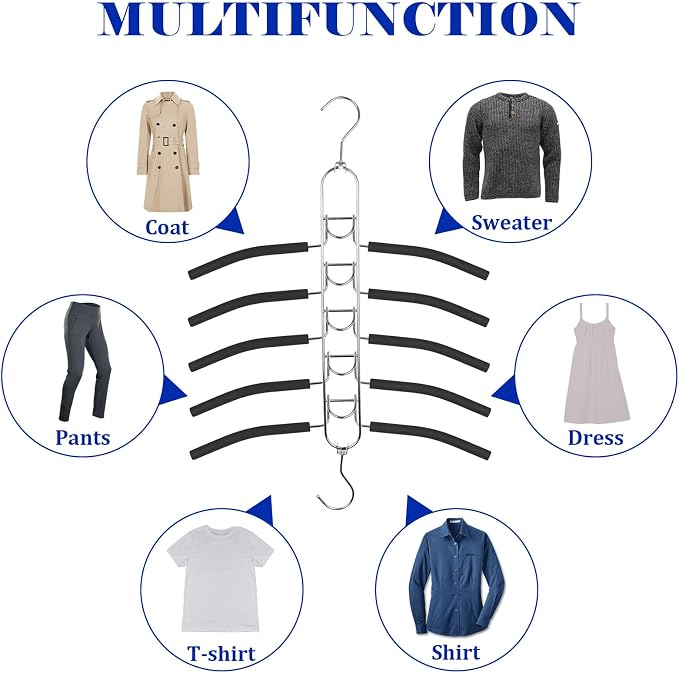 5-in-1 Anti Slip Stainless Metal Clothes Hange,Space Saving Thin Shirt Hangers,Multi Layers Magic Sweater Hanger,Used for Wardrobe Organizer or Vacation and Business Trips (1, Black) - Image 4