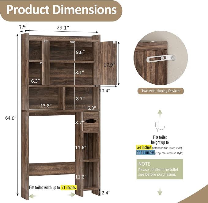 Over the Toilet Storage Cabinet, Freestanding Storage Cabinet Over Toilet, Bathroom Storages Organizer Cabinets with Toilet Paper Holder Stand and Adjustable Shelf, Walnut - Image 2