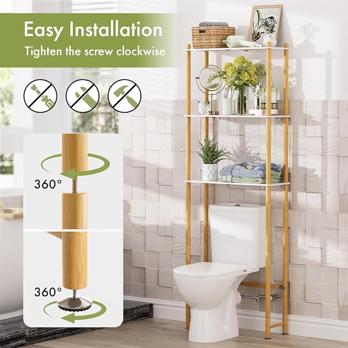 AmazerBath Bamboo Over The Toilet Storage Shelf, 3-Tier Bathroom Storage Organizer Shelf, Above Toilet Storage Rack, Space Saver, White and Natural Color - Image 5