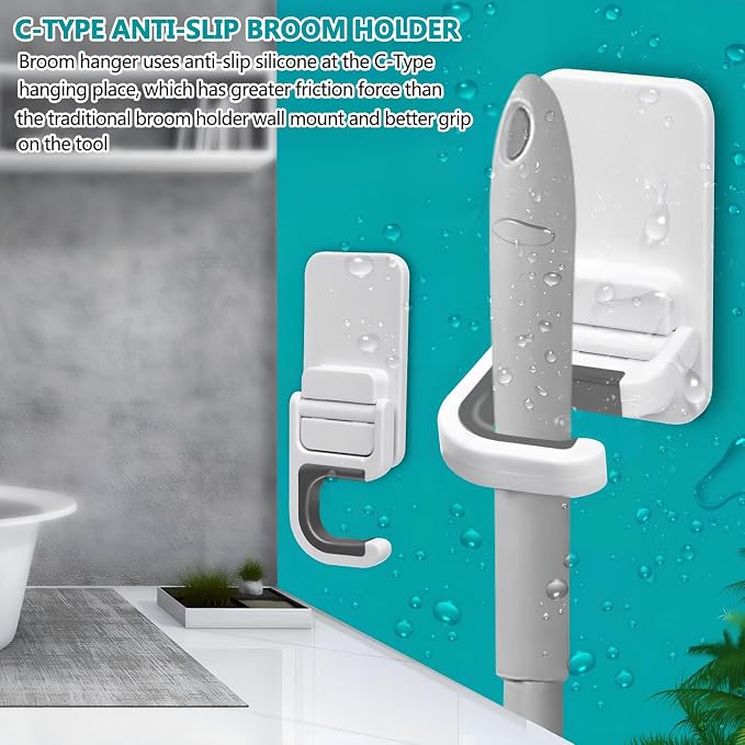 2 Pack Mop Broom Holder for Bathroom Kitchen Office (White) - Image 2