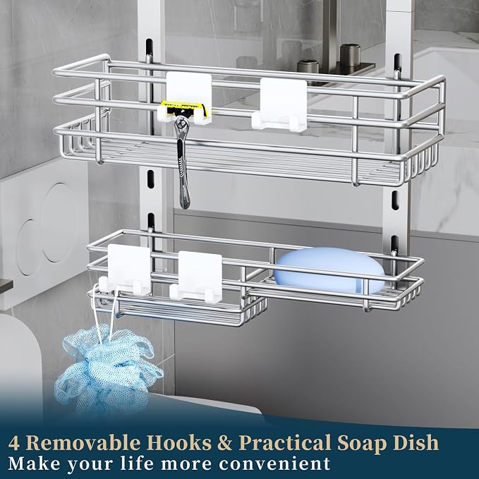 Consumest Over The Door Shower Caddy - 5 Tier Adjustable Shower Organizer Hanging with 2 Toothbrush Holders & 4 Hooks, Rustproof Organizer Shelf, Storage Rack for Bathroom, Silver - Image 7