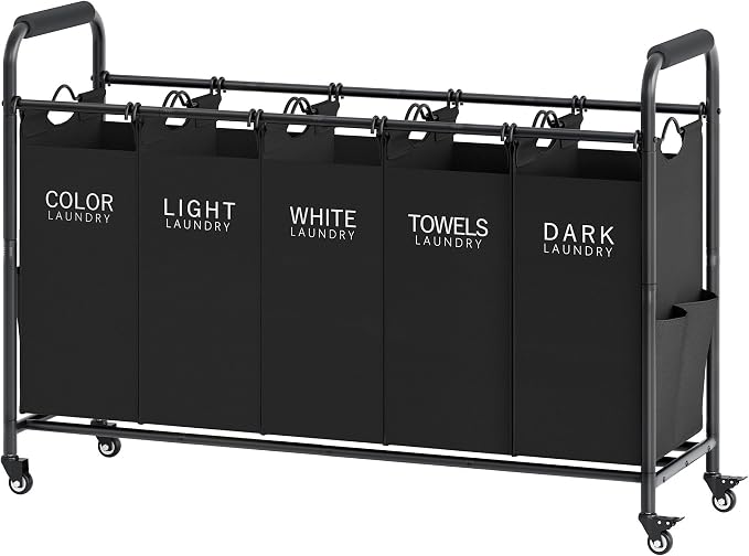 Tajsoon 5 Bag Laundry Sorter, 5 Section Laundry Hamper with Wheels, Black by Tajsoon