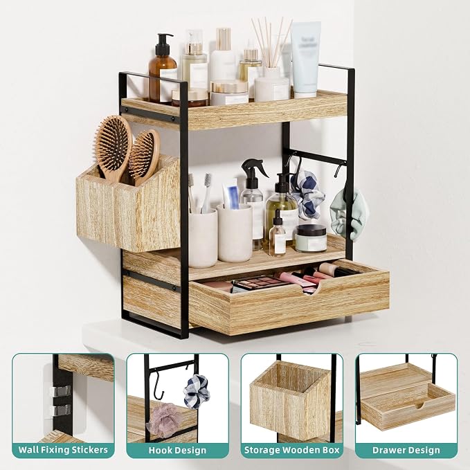 Kottwca 2-Tier Bathroom Counter Organizer with Drawer, Wooden Vanity Shelf - Image 5