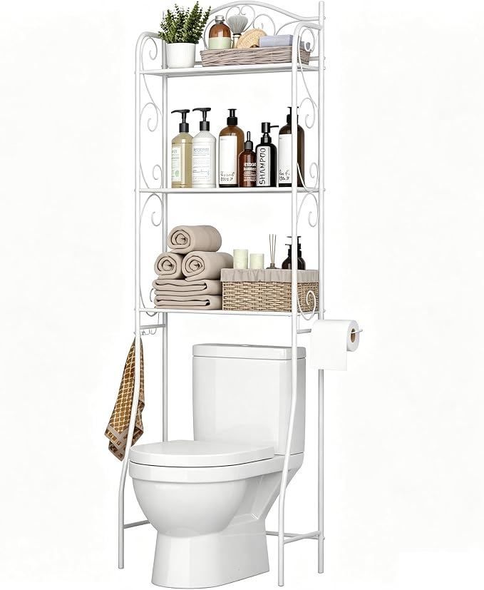 HOME BI Over The Toilet Storage Shelf, 3-Tier Over Toilet Bathroom Organizer Rack, Freestanding Space Saver Toilet Stands with Hooks (White) by HOMEBI