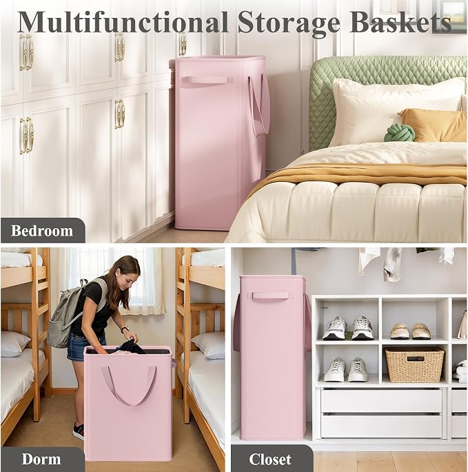 Optish 75L Pink Slim Laundry Hamper, Large Laundry Basket with Handles, Baby Hamper for Nursery, Dorm, Bedroom, Living Room, Collapsible Laundry Basket - Image 7