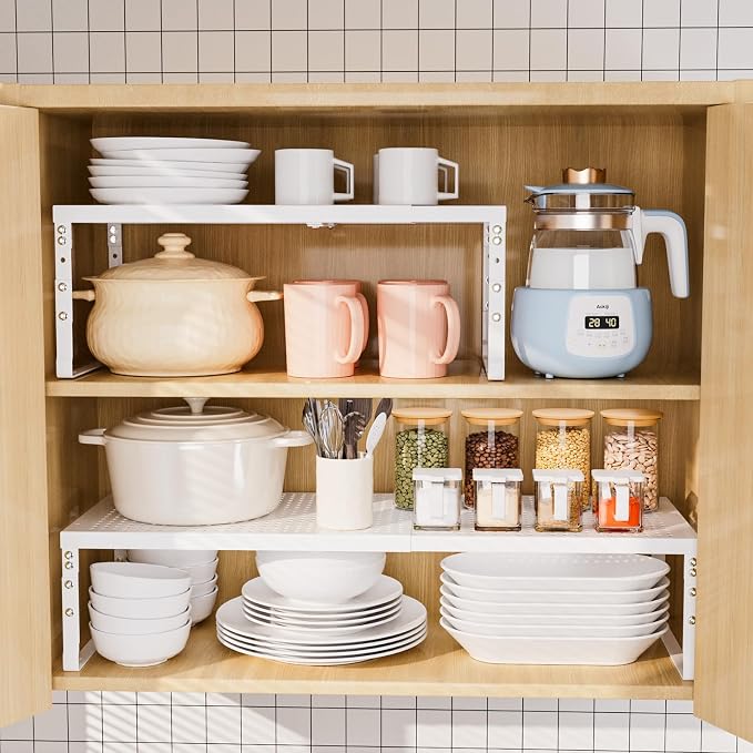 Cabinet Shelf,Expandable Adjustable Stackable Kitchen Organizer,for cabinets, Kitchens, countertops, bathrooms Shelf Organizer(3Packs/White,Large) - Image 9