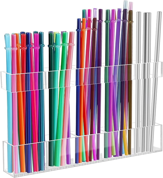 Malldii 9.5" Large Acrylic Straw Holder for Cabinet Door - Reusable Tumbler Straw Organizer Storage, Small Kitchen Accessories Container, Ultra Sticky Cupboard Door Mounted (Transparent) by Malldii