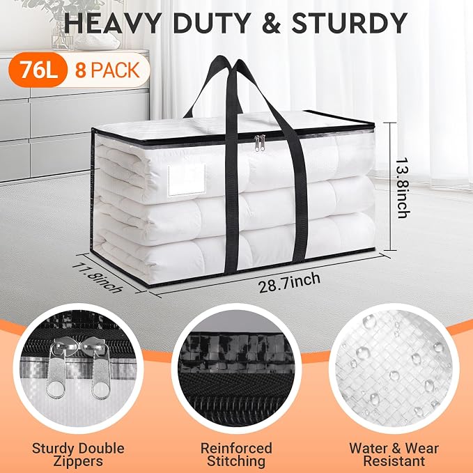 HomeHacks Moving Bags, Heavy Duty Storage Bags for Clothes, 8 Pack 76L - Image 2