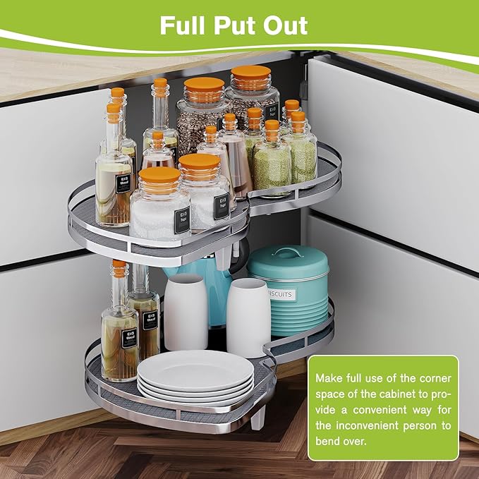 Blind Corner Cabinet Pull Out Organizer, Soft Close Swing Left Pull Out Cabinet Organizer 30inch, Corner Cabinet Lazy Susan for Cabinet Blind Shelf, 2 Tiers Tray, Adjustable Height - Image 6