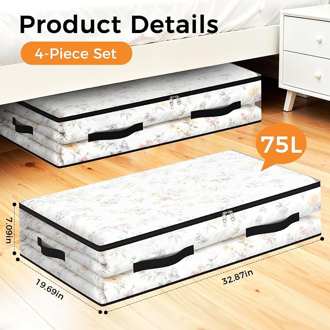4 Pack Under Bed Storage Bags, 75L Foldable Clear Containers with Handles | Dual Zipper Storage Bins for Comforters, Bedding, Blankets, Closet Organizer for Clothes, Linen Sheets, Sweaters - Image 2
