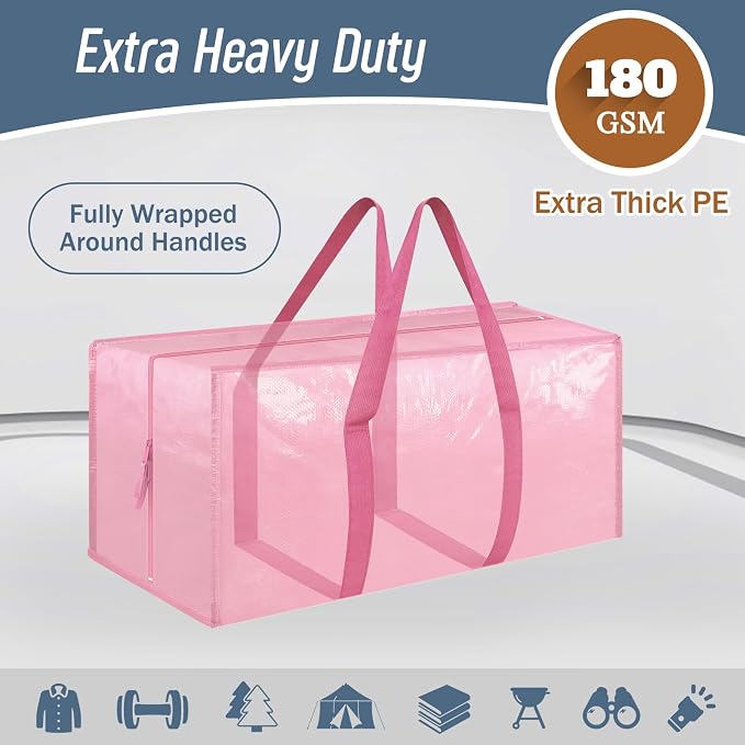 12 Pack Extra Heavy Duty Large Moving Bags with Strong Zipper, Pink | Comfortable Handles, Sturdy & Durable Clothes Storage Bags Totes Bins, Blue Packing Moving Boxes for College Supplies - Image 2