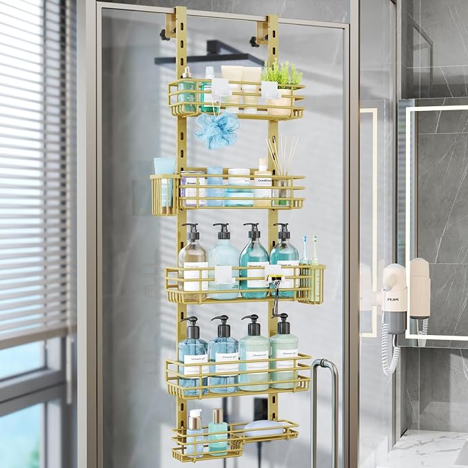 Consumest Over The Door Shower Caddy - 5 Tier Adjustable Shower Organizer Hanging with 2 Toothbrush Holders & 4 Hooks, Rustproof Organizer Shelf, Storage Rack for Bathroom, Gold by Consumest