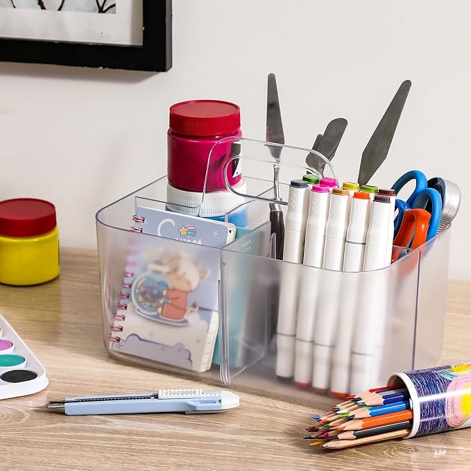 Multiuse Caddy Organizer with Handle, Portable Plastic Tote Bin - Art Craft, Stationary Pen Marker Crayons, Makeup Hair Supplies Storage - Bathroom, Classroom, Dorm, Office, Desk Holder -Frosted Clear - Image 4