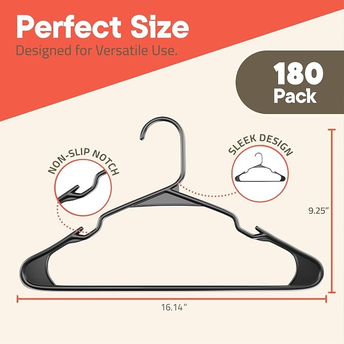 Gray Plastic Hangers 180 Pack– Heavy-Duty Plastic Hangers Slim and Space-Saving, Durable and Lightweight PP with Non-Slip Shoulder Notches for Slip Dresses, Suits, Jackets & Camisoles - Image 2