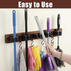 2 Pack Broom Holder Wall Mount Rustic Wood Broom Hanger Wall Mount With 5 Slots And 4 Hooks Mop And Brooms Organizer Walls Hanging For Laundry Rooms Garage Kitchen Closet Decor Brown - Image 4